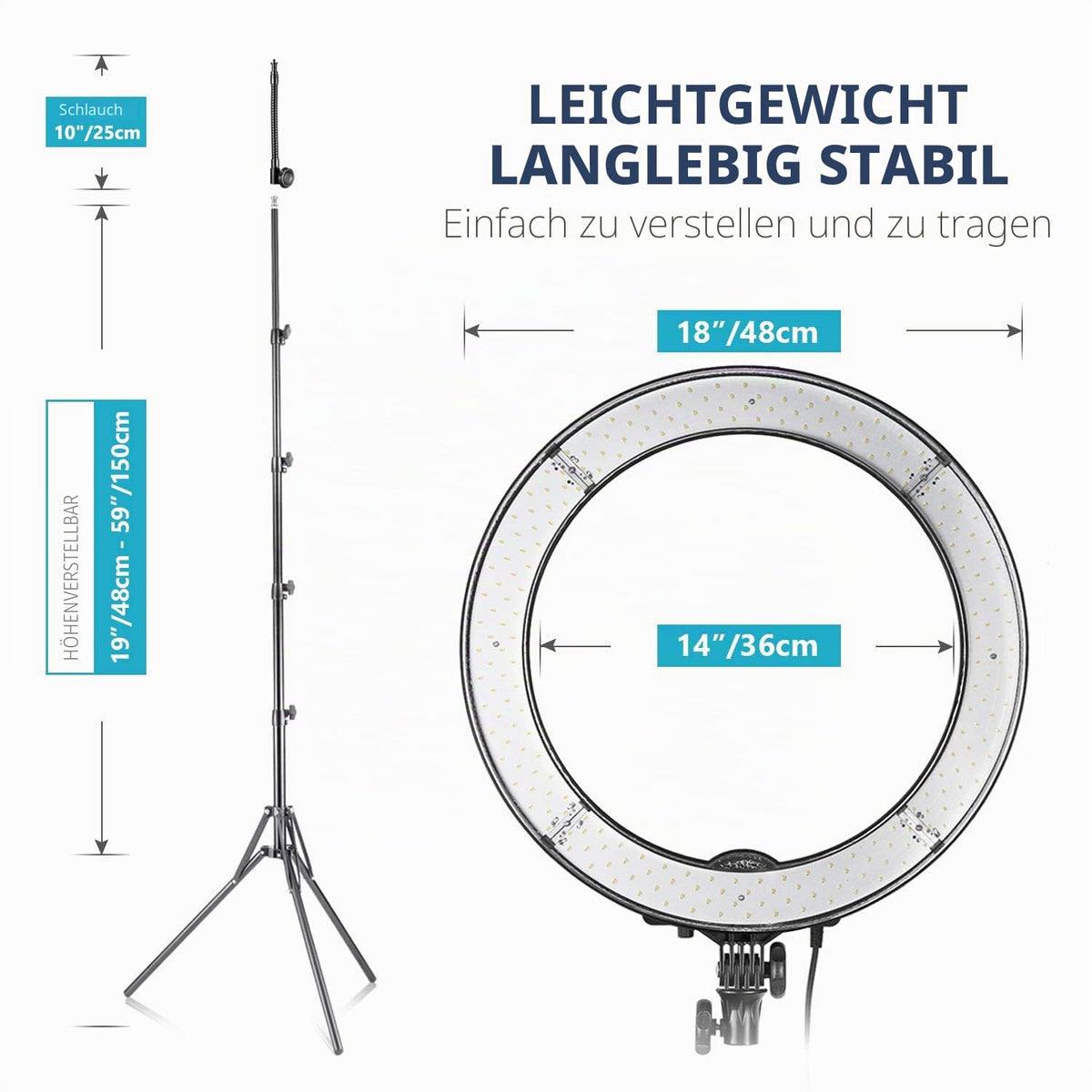 NEEWER Camera Photo Video Ring Light Kit: 18 inch/48 centimeters, 52W 5500K dimmable LED ring light, light stand, Bluetooth receiver for smartphone, perfect for YouTube self-portrait recordings. - RL-18