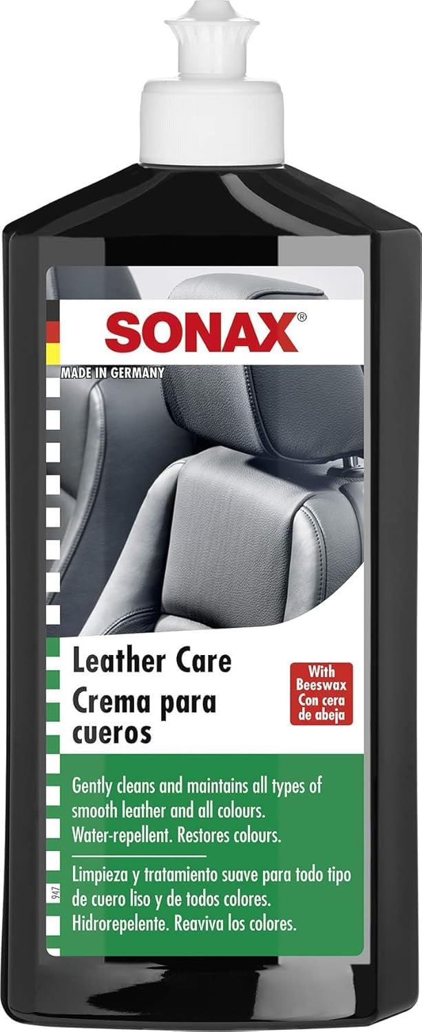 SONAX Leather Care Lotion (500 ml) water-repellent leather care with beeswax for gentle cleaning & microfiber cloth for upholstery and leather for lint-free vehicle interior cleaning (40x40 cm)