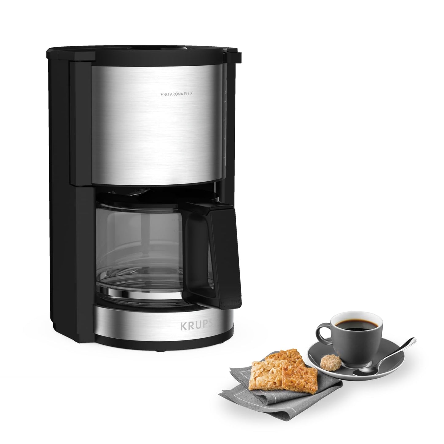 Krups KM3210 Pro Aroma Plus filter coffee machine, 10 cups, 1.25 L, 30-minute keep-warm function, visible water level window, drip stop system, black with stainless steel applications