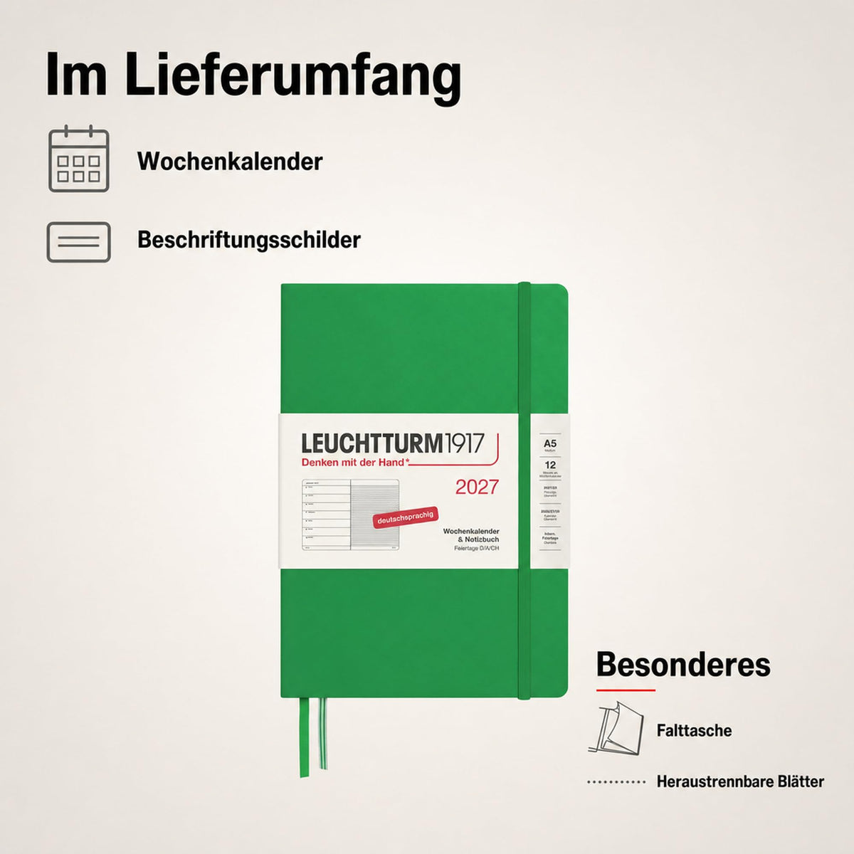 LEUCHTTURM1917 Weekly Calendar 2027 Medium (A5) with Notebook - German Appointment Planner, Spring Leaf, January-December 2027, Weekly Overview on the Left + Notes Page on the Right - 400053