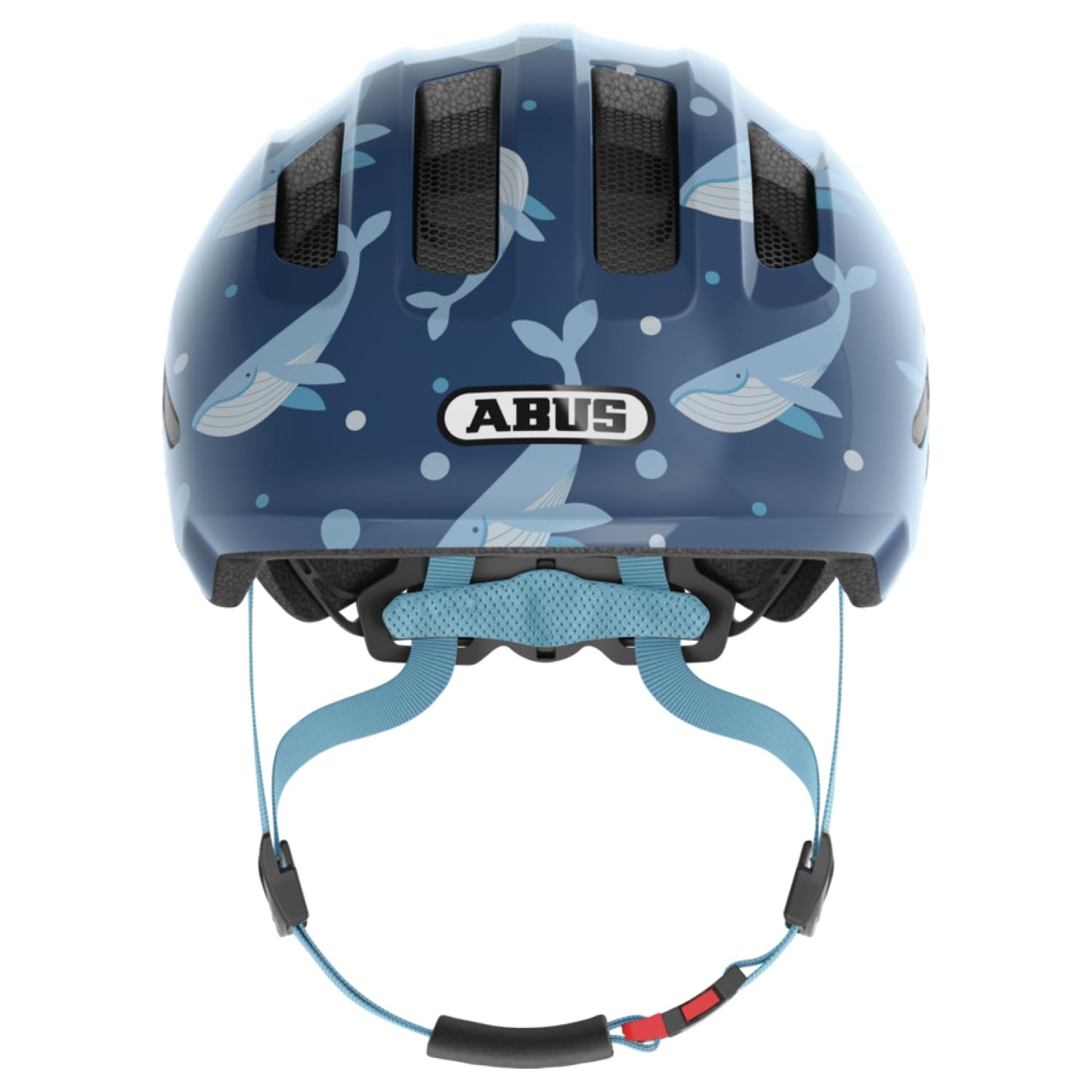 ABUS children's helmet Smiley 3.0 - bicycle helmet with a deep fit, child-friendly designs & space for a braid - for girls and boys - blue with whale pattern, size S - 67261