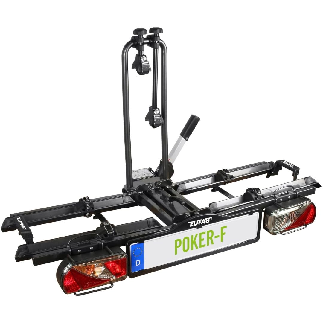 EUFAB 12010LAS bicycle carrier POKER-F, suitable for e-bikes, completely pre-assembled, anti-theft protection, for 2 bicycles, for trailer hitch, black, 142 x 70 x 58 cm