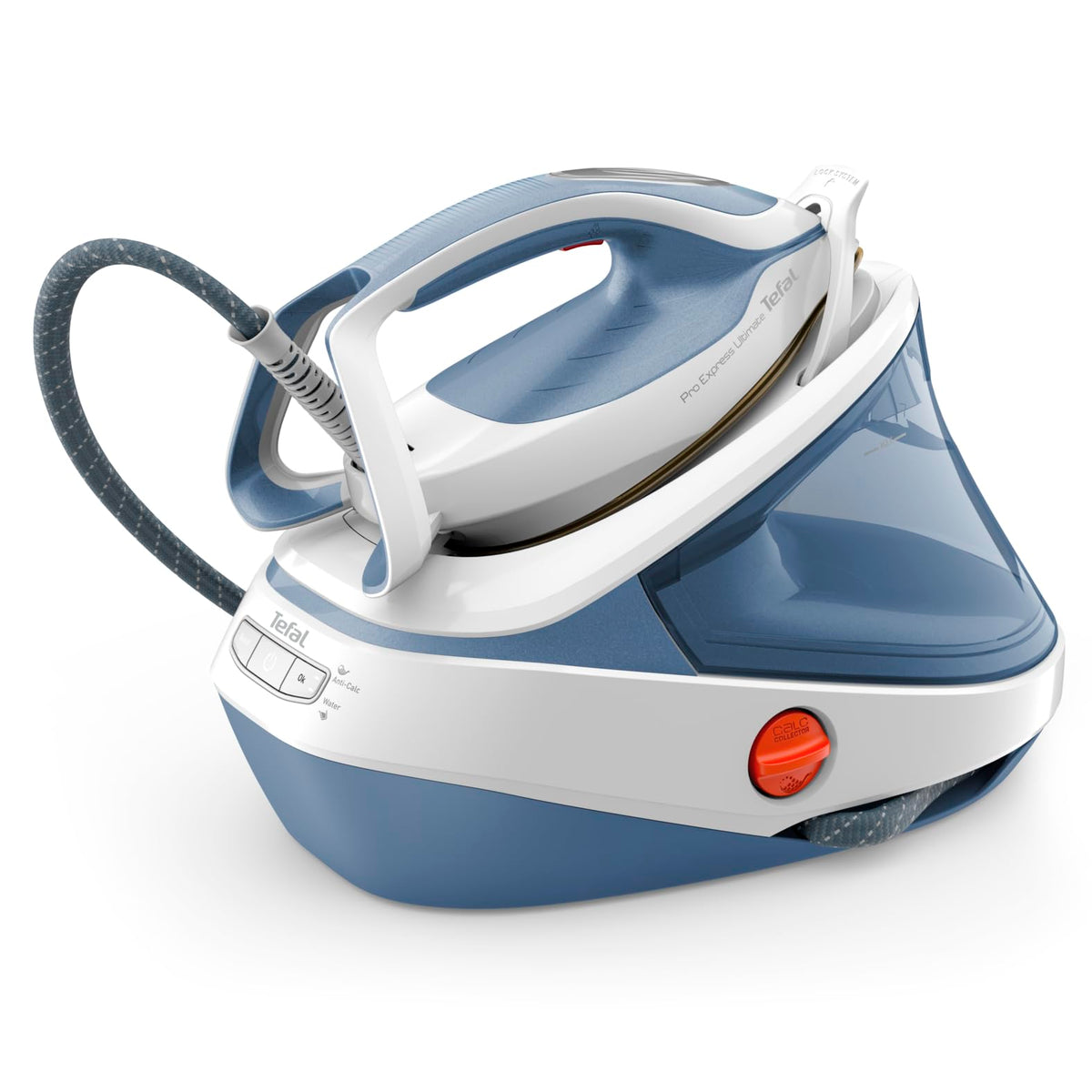 Tefal Pro Express Ultimate stație de călcat cu aburi, 7,6 Bar presiune a aburului, eliberare constantă a aburului: 155 g/min., impuls de abur: 580 g/min., fără setări, funcție de abur vertical, Alb/Albastru, GV9710