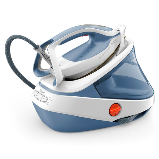 Tefal Pro Express Ultimate stație de călcat cu aburi, 7,6 Bar presiune a aburului, eliberare constantă a aburului: 155 g/min., impuls de abur: 580 g/min., fără setări, funcție de abur vertical, Alb/Albastru, GV9710