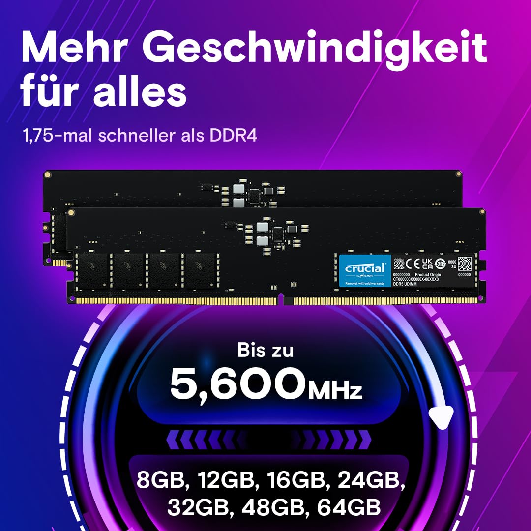 Crucial DDR5 RAM 16GB 5600MHz, PC Computer Memory, (also 5200MHz / 4800MHz) CL46 - CT16G56C46U5