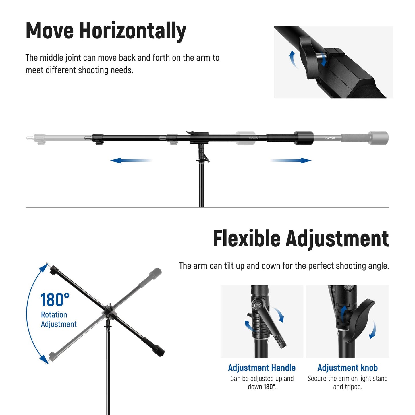 NEEWER Air-cushioned aluminum light stand, 3m adjustable photo tripod with boom arm, counterweight, sandbag, 1/4" screw for softbox, studio light, flash, umbrella, max. load 5kg - 90100462