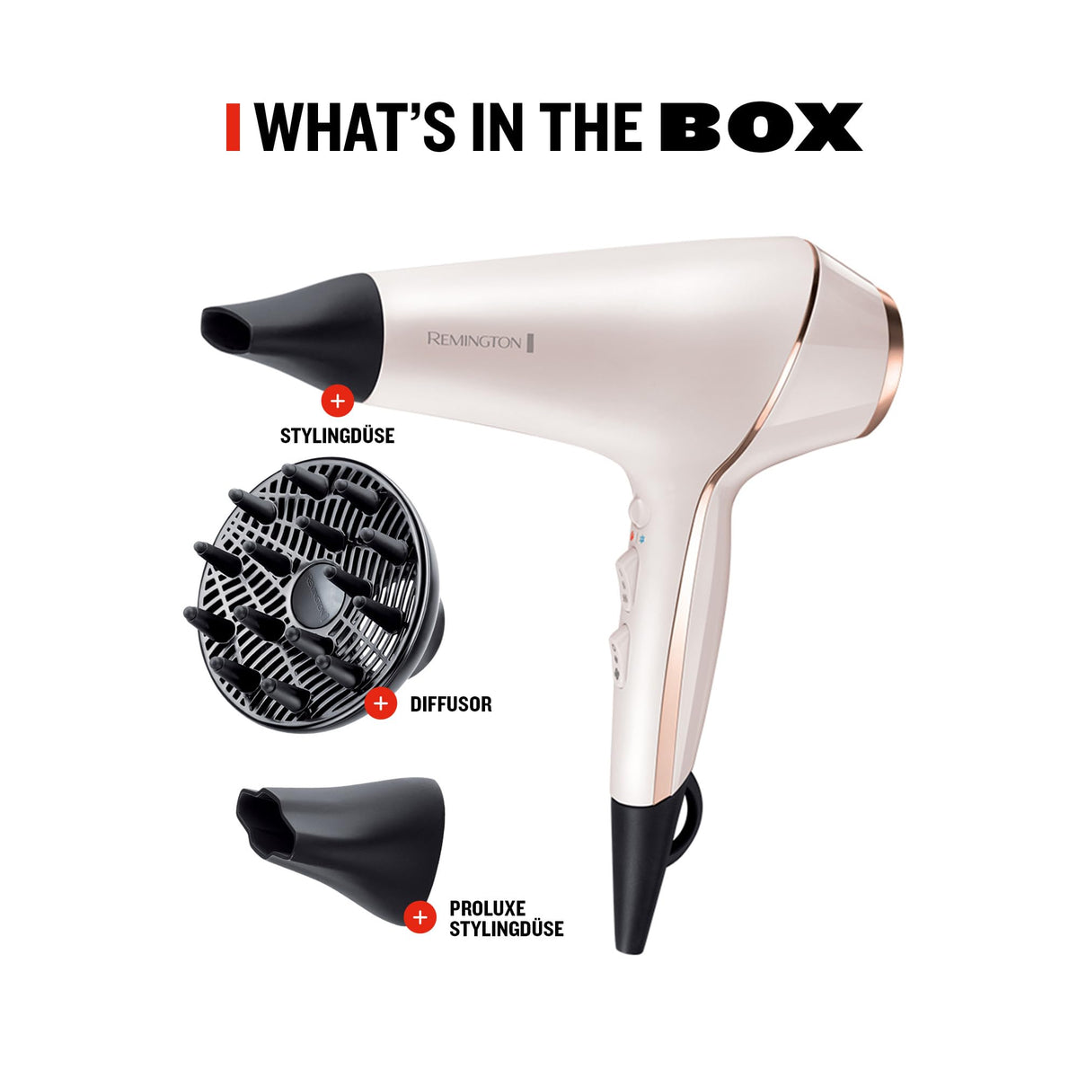 Remington Professional Hair Dryer Ionen PROluxe (2400W, 150km/h, 3 styling attachments, OPTIheat technology for long-lasting styling results, ion care - anti-frizz, durable AC motor) AC9140