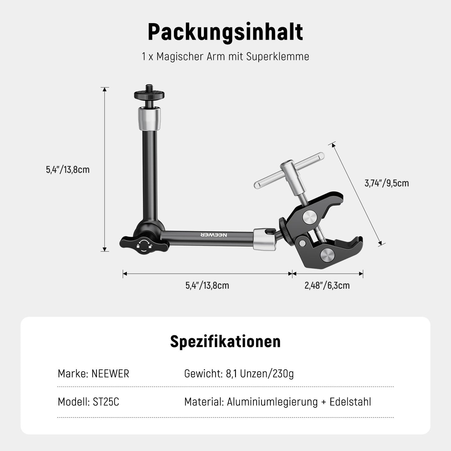 NEEWER 9.8"/25cm Magic Arm adjustable with Super Clamp, 1/4" and 3/8" thread, 1/4" screws for flash/LED light/microphone/monitor compatible with SmallRig camera cage, maximum load: 1.5kg, ST25C