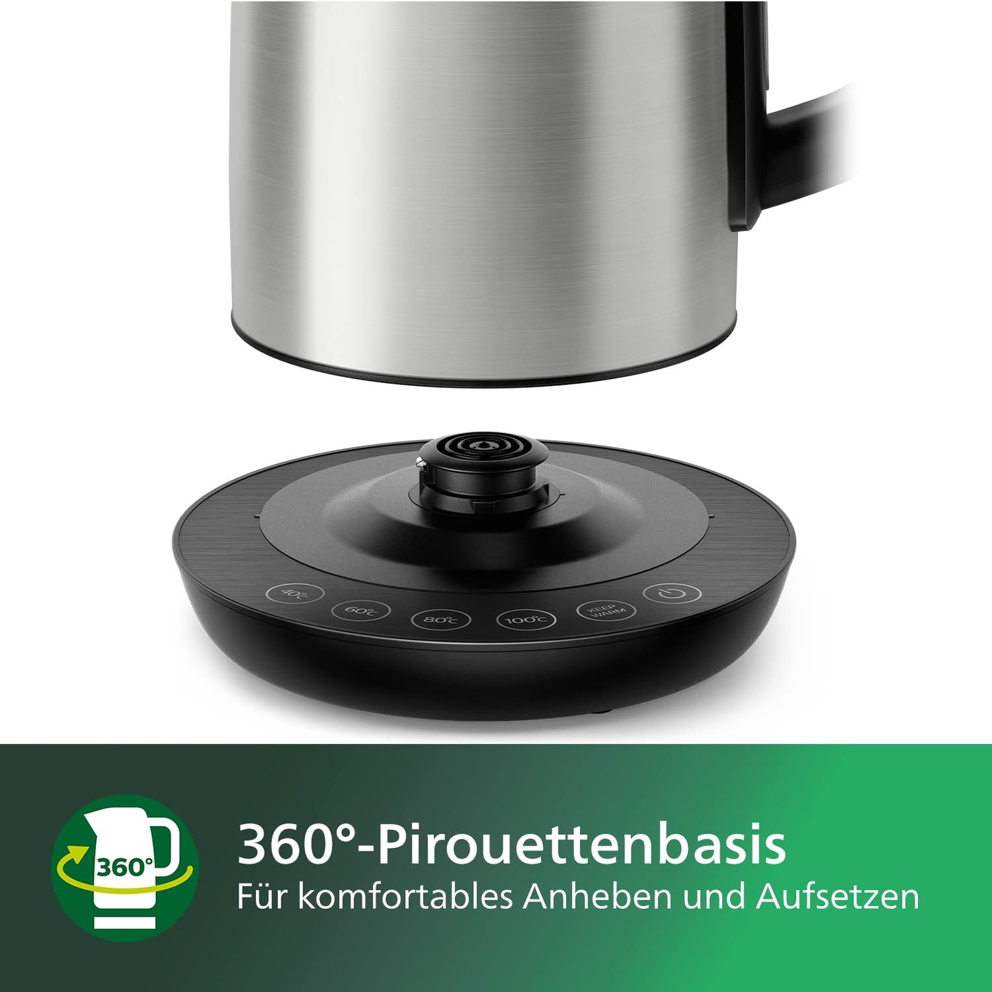 Philips kettle - 1.7 L capacity with temperature control, keep warm function and control display, pirouette base, 2200 watts, 23 x 18.8 x 25.7 cm, stainless steel, (HD9359/90)
