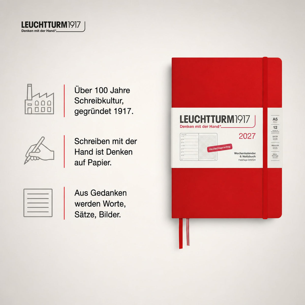 LEUCHTTURM1917 Calendar săptămânal 2027 punctat mediu (A5) cu caiet - Planificator de întâlniri german, cireș, ianuarie-decembrie 2027, prezentare generală săptămânală în stânga + pagină cu note în dreapta - 400092