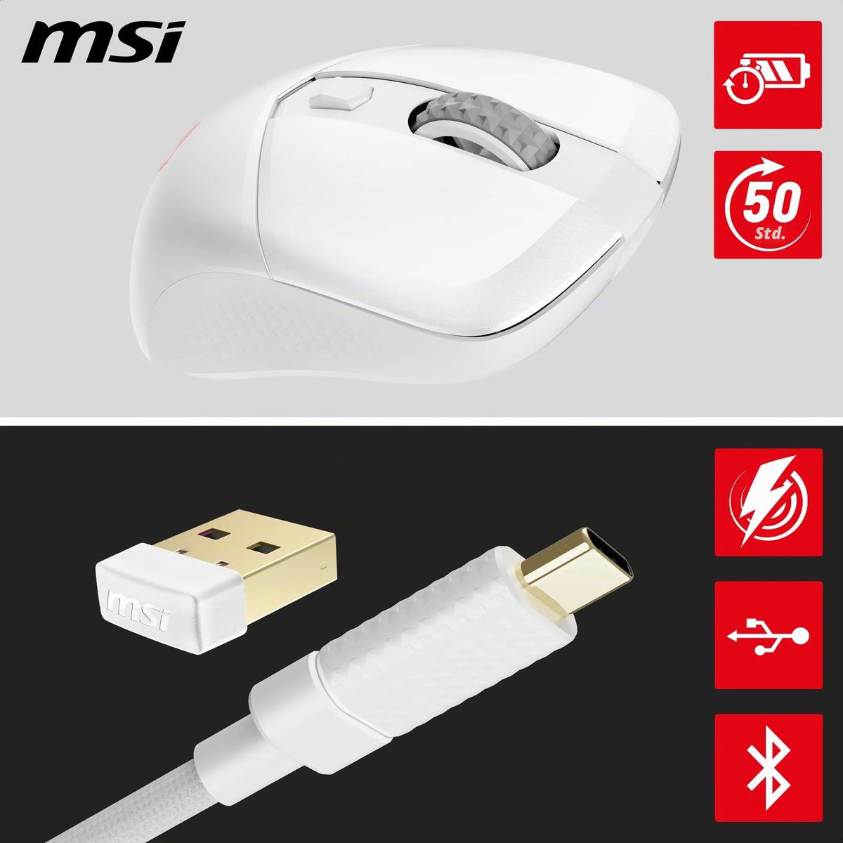 MSI Versa 300 Wireless White Gaming Mouse – 8000 DPI, symmetrical, Kailh micro switches with 30 million clicks, 6 buttons, 50 hours battery life, 1 ms latency, RGB, 60 g – wired/wireless - S12-4301440-CLA