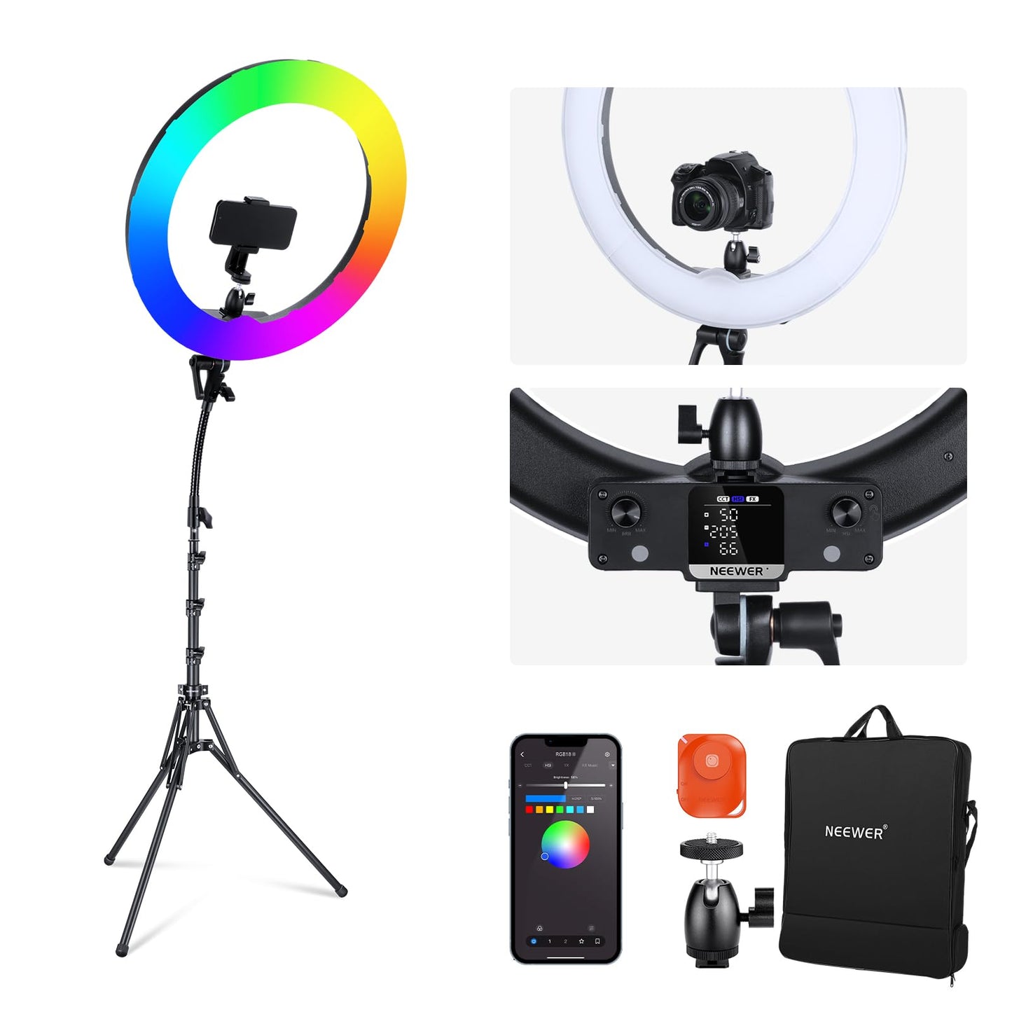 NEEWER 18" RGB LED Ring Light APP Control with Stand and Phone Holder, 42W Dimmable, 2500-10,000K, GM ± 50 Bi Color, CRI97+/TLCI98+, 360° Full Color, 18 Scenes for Selfie, TikTok, Vlog, RGB18 II - 10103392