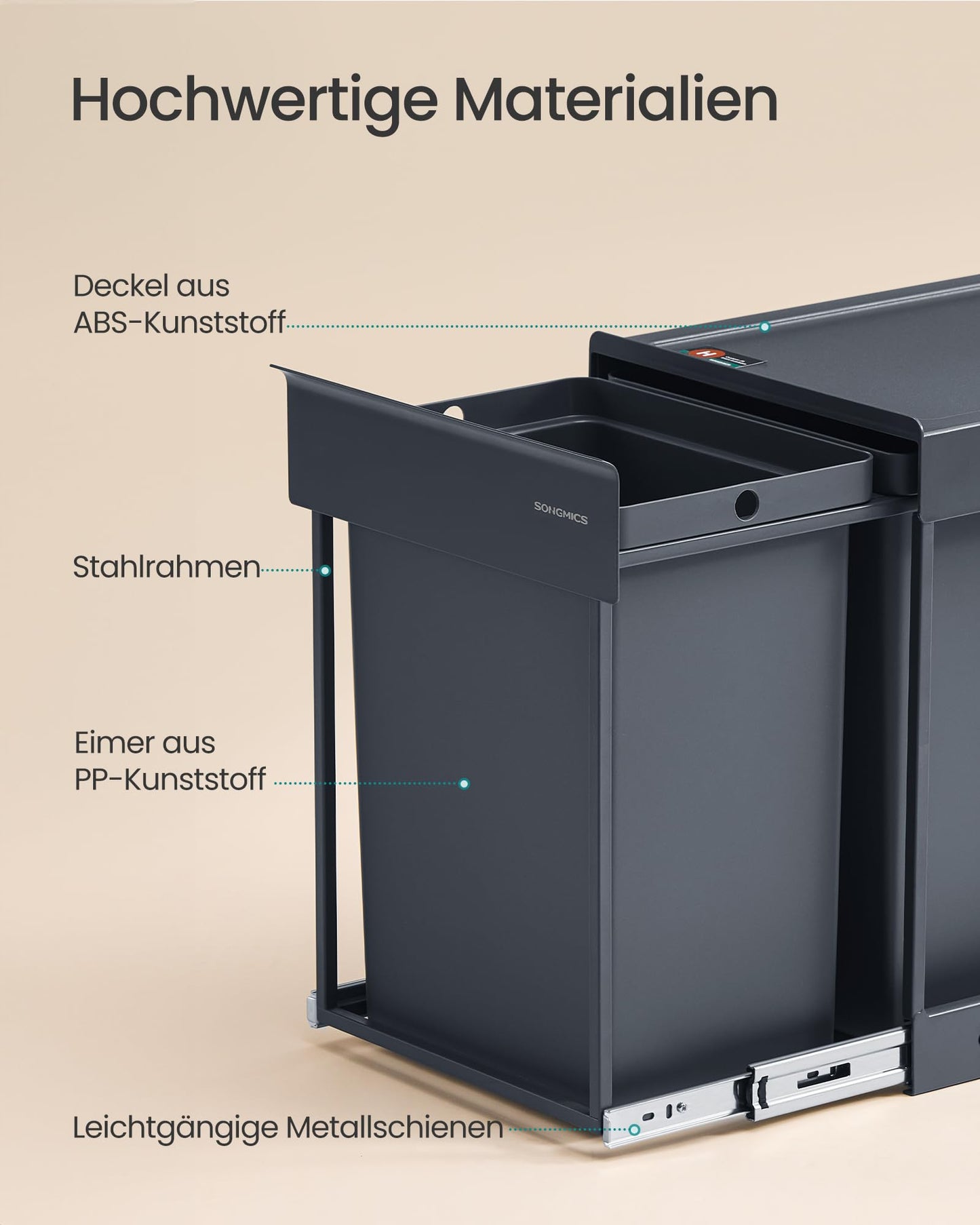 SONGMICS waste bin kitchen, waste separation system for base cabinet, 2 x 20 L, waste bin 2 compartments, extendable, steel frame, ABS lid, gray LTB951GZ01