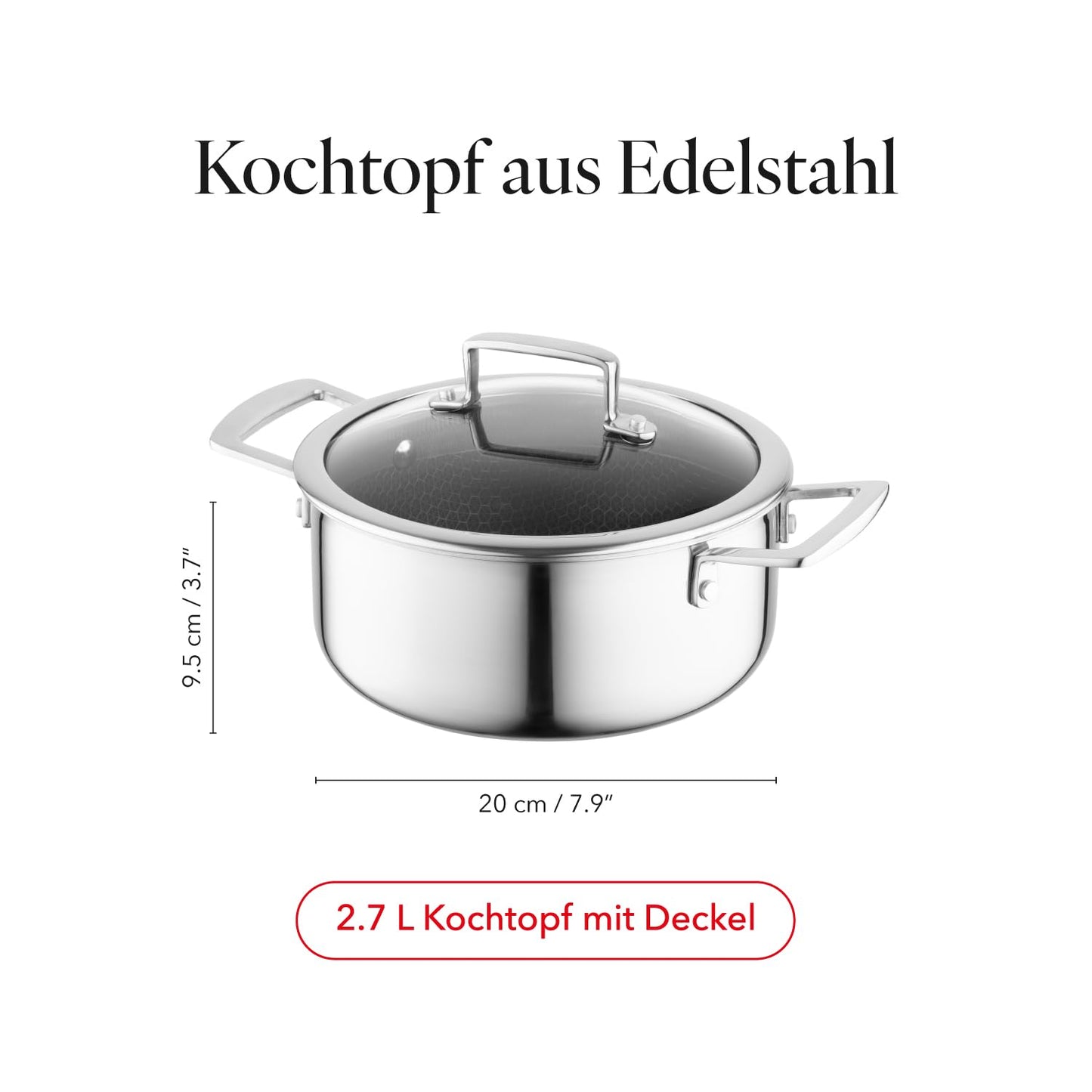 FLORINA ARISTO stainless steel pot with glass lid 2.7l 20 cm diameter | For induction, gas, electric, ceramic stoves | With honeycomb effect | You can bake it in the oven | Heat-resistant lid - 5G0056