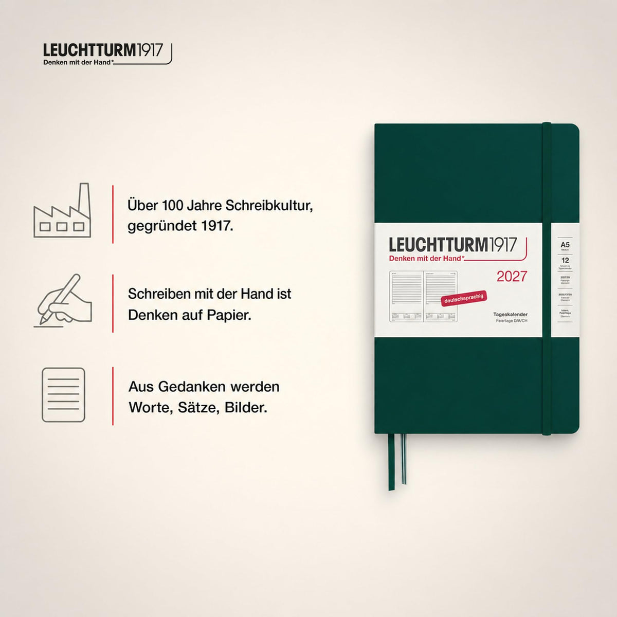 LEUCHTTURM1917 Daily Calendar 2027 Medium (A5) - German, Forest Green, 145 x 210 mm, January-December (12 months), 1 page per day, hourly grid 7:00 a.m. - 10:00 p.m., hardcover, 80 g/m² paper - 400162