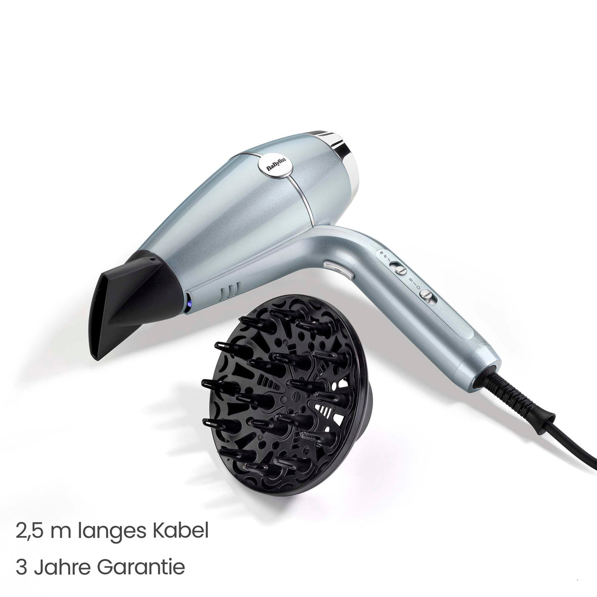 BaByliss Hydro‑Fusion Uscător de păr cu difuzor – Uscător de păr profesional de 2100 W cu ionizare pentru un styling fără frizz, tehnologie plasma pentru strălucire, design ușor, 3 niveluri de căldură și 2 viteze ale aerului, Albastru, D773DE