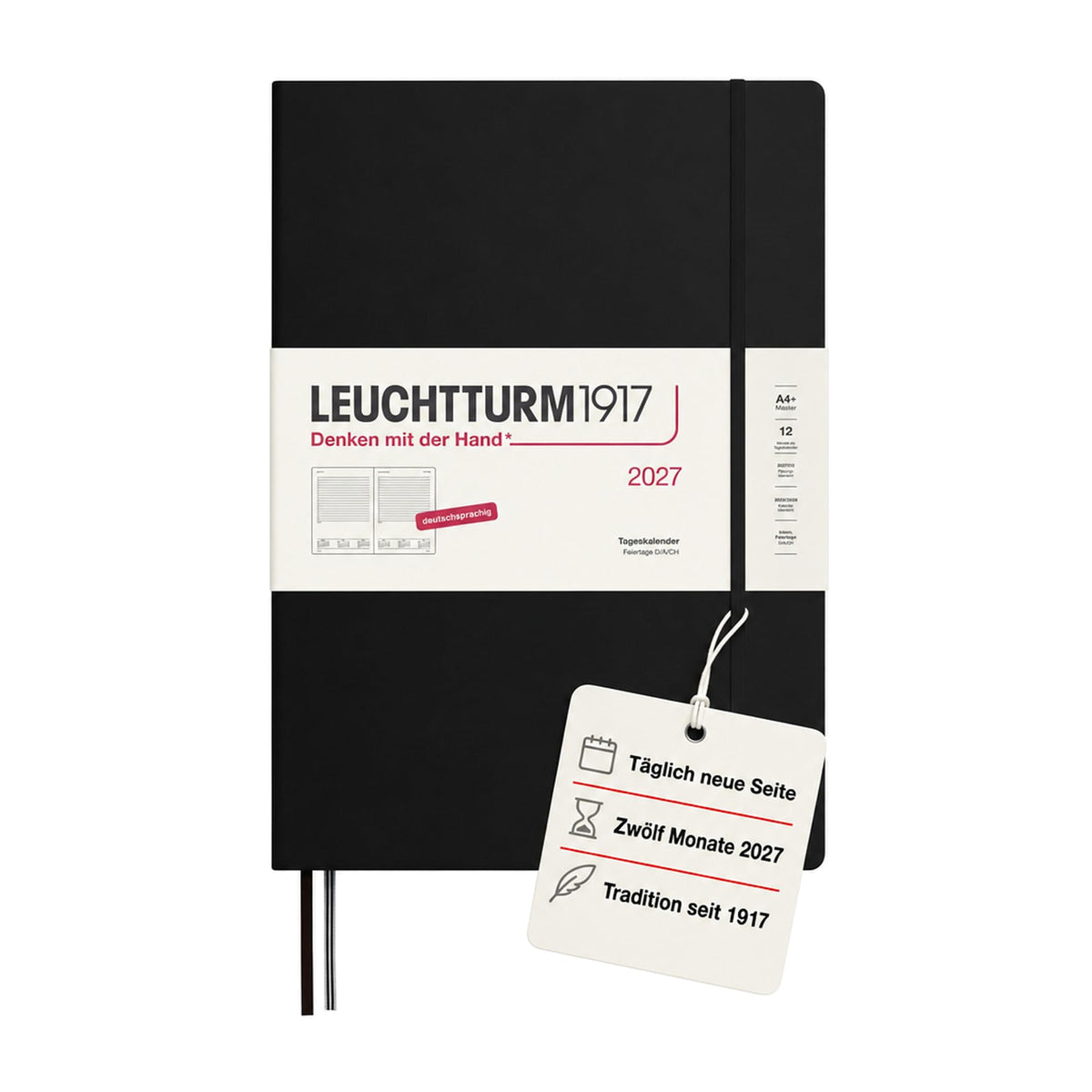 LEUCHTTURM1917 Calendar zilnic 2027 A4+ (Master) - germană, negru, 225 x 315 mm, ianuarie-decembrie (12 luni), 1 pagină pe zi, grilă orară 7:00-22:00, copertă cartonată, hârtie de 100 g/m² - 400156