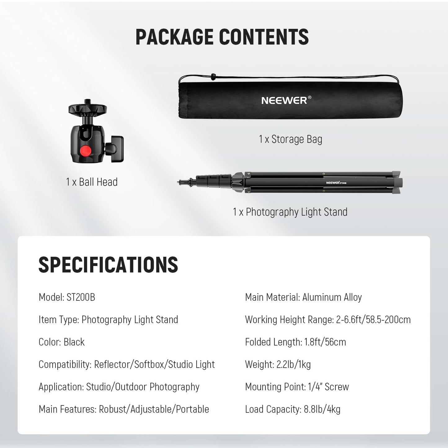 NEEWER ST200B Photography Light Stand, 56-200cm, with Ball Head, 1/4" Screw, Maximum Load 4kg, Aluminum, Portable Studio Lighting Tripod, Phone Video Stand for Strobe Light - 200cm/1
