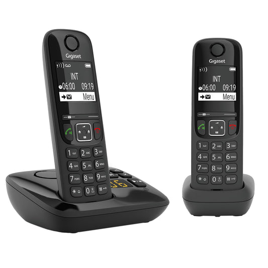Gigaset AS690A Duo - 2 cordless DECT telephones with answering machine - high-contrast display - adjustable sound profiles - hands-free function - call protection, black [German version]