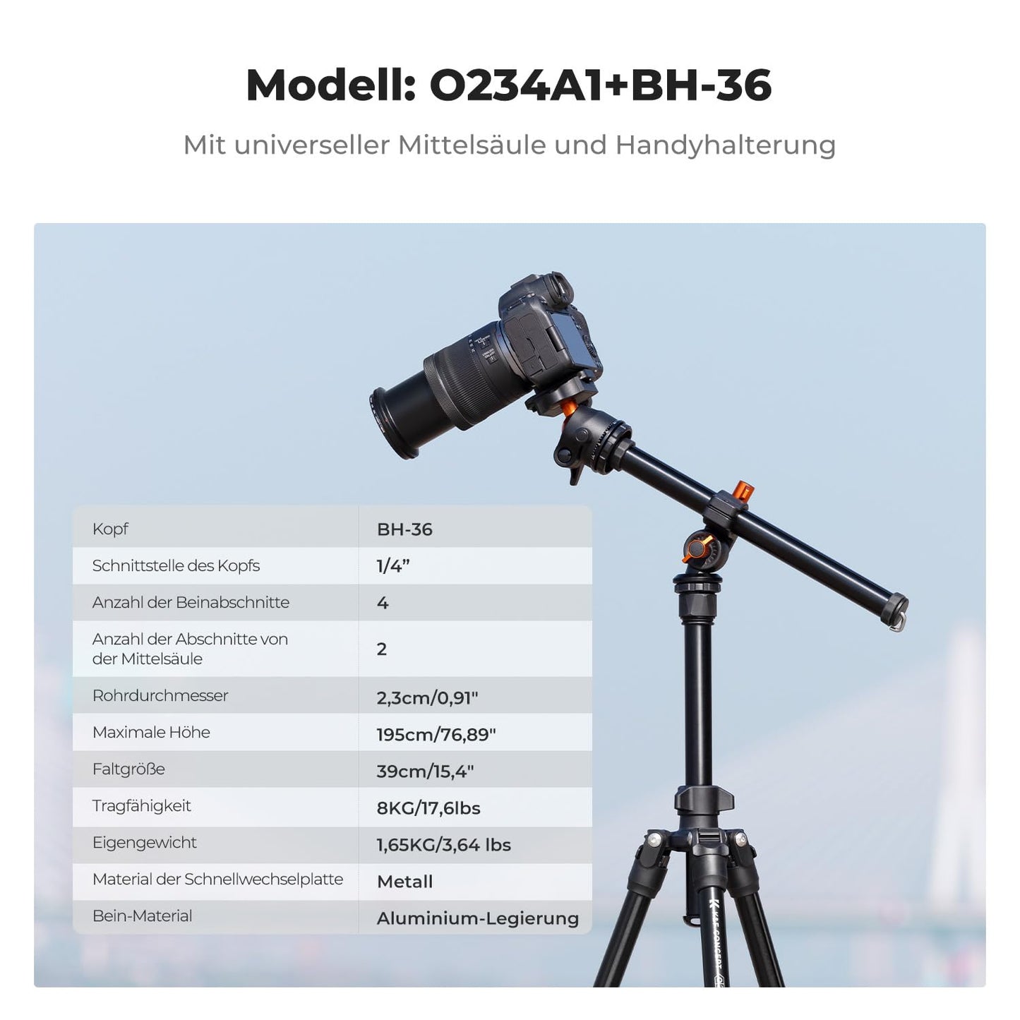 K&F CONCEPT O234A1 camera tripod with extension arm, 195cm mobile phone tripod, tripod for on the go, tripod for smartphone with mobile phone holder, aluminum travel tripod with BH-36 ball head - K234A0+BH-28L+Auslegearm