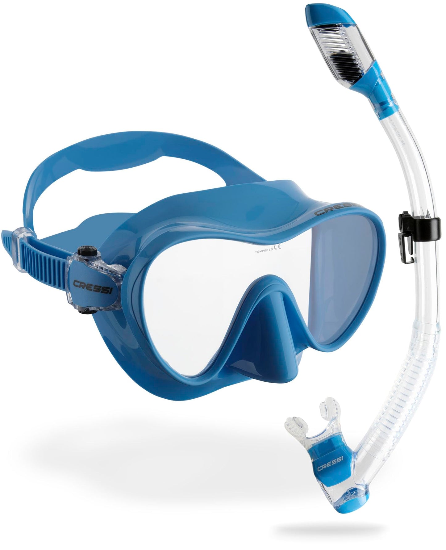 Cressi Frameless Diving Mask F1 - Fog-free Glass Lens, Diving Goggles - Ergonomic Silicone Rim, Snorkel Mask - Dry Snorkel & Snorkel Set - Blue Metal - Combo Set - YDS280021