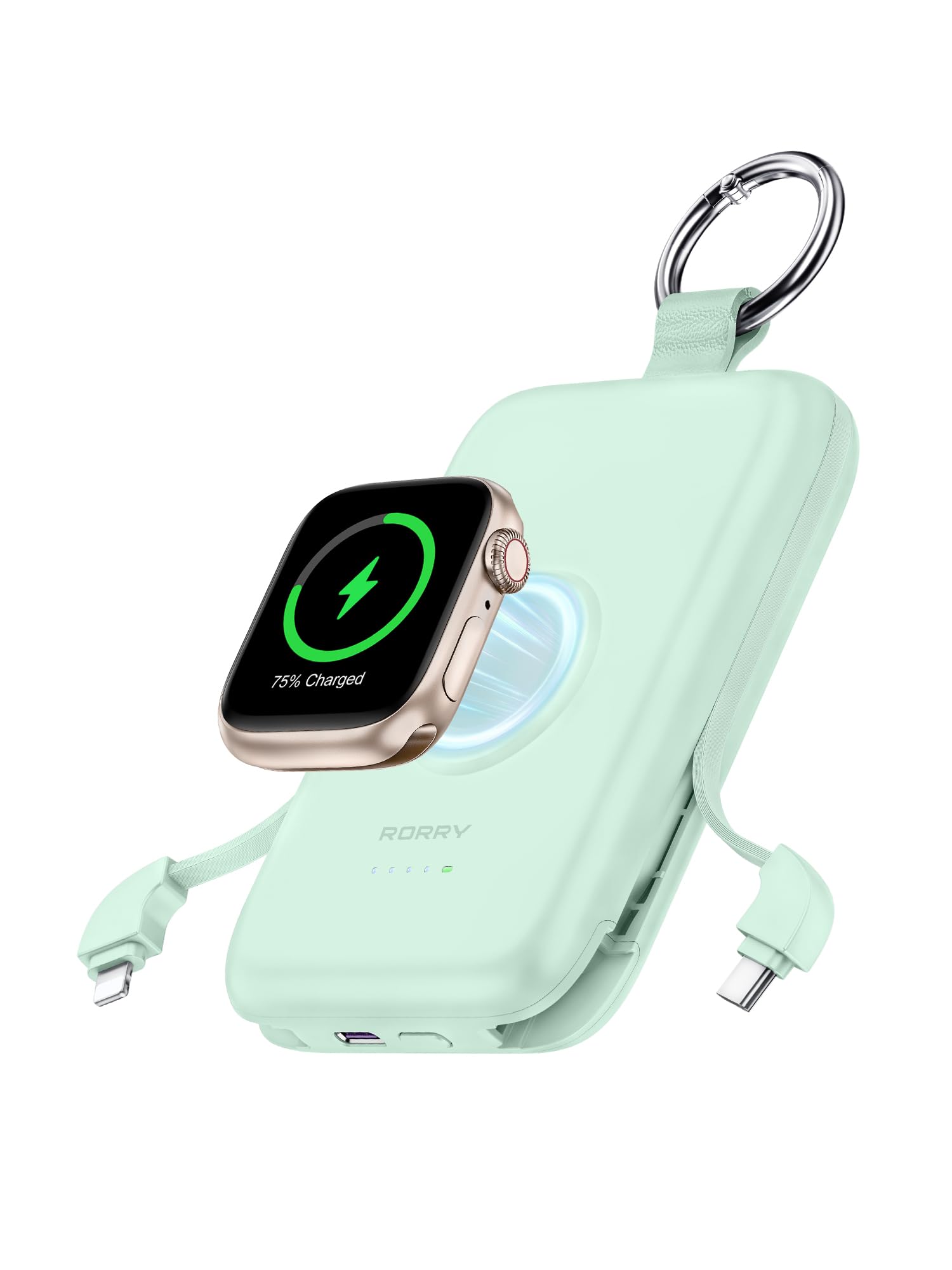 RORRY Power Bank, 10000mAh Power Bank Fast Charging Function PD 20W with Integrated Cable, Travel Portable Charger External Mobile Phone Batteries for iPhone 17/16/15/14 and Apple Watch Ultra 11/10/9/8/7/SE, Green - D2-10000