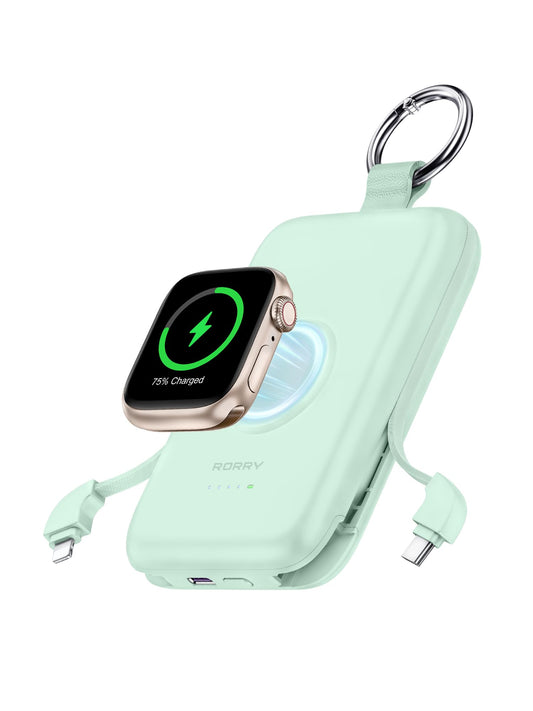 RORRY Power Bank, 10000mAh Power Bank Fast Charging Function PD 20W with Integrated Cable, Travel Portable Charger External Mobile Phone Batteries for iPhone 17/16/15/14 and Apple Watch Ultra 11/10/9/8/7/SE, Green - D2-10000