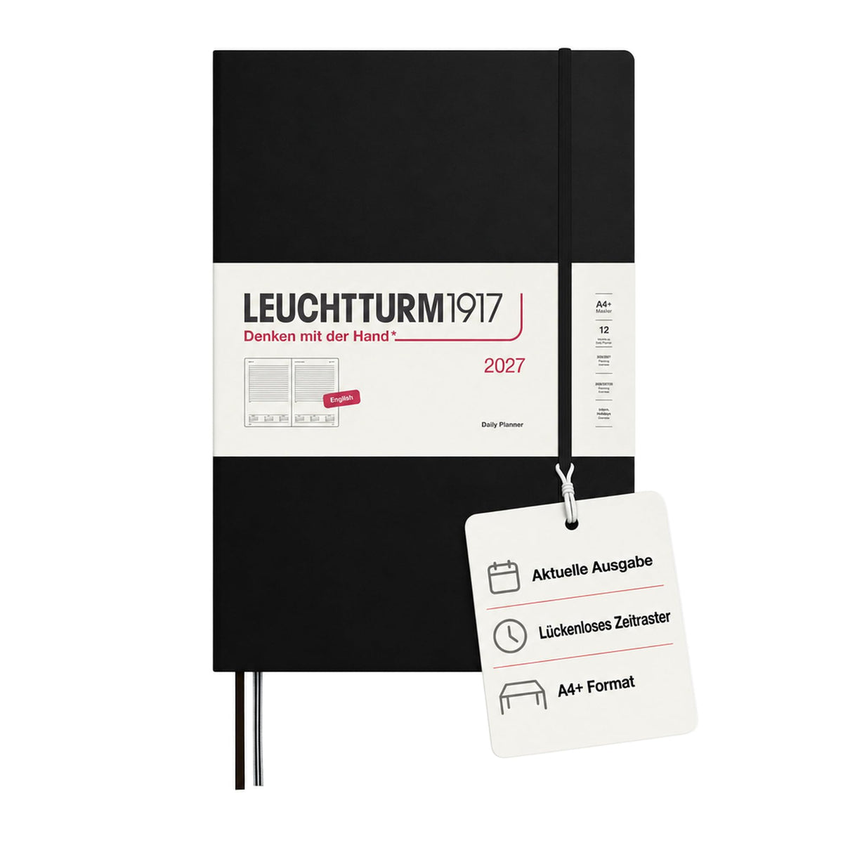 LEUCHTTURM1917 Daily Calendar 2027 A4+ (Master) - English, Black, 225 x 315 mm, January-December (12 months), 1 page per day, hourly grid 7:00-22:00, hardcover, 100 g/m² paper - 400323