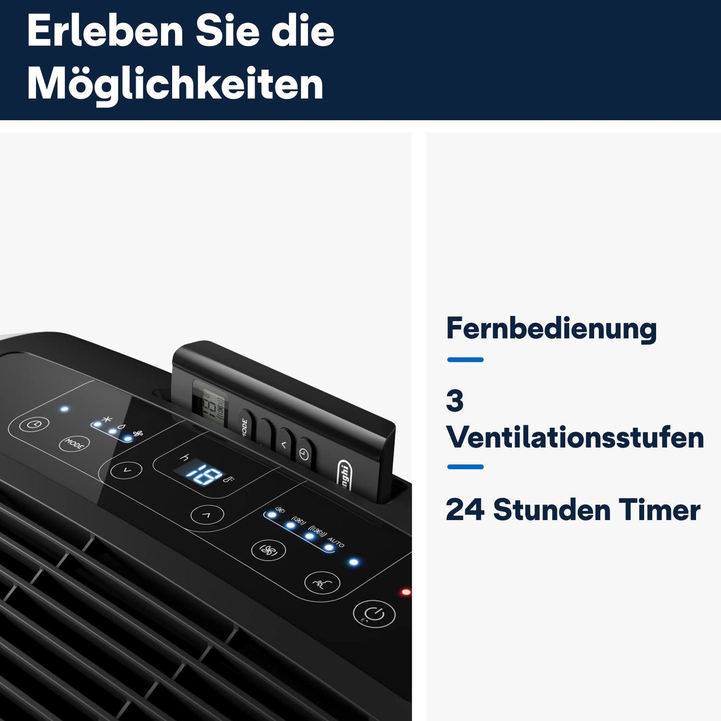 De'Longhi Pinguino Silent - Mobile air conditioning unit, for rooms up to 32.5 m², with dehumidifier & fan, 10500 BTU, quiet operation, remote control, 24h timer, energy efficiency class A (PACEM93K.1) - PACEM93K.1SILENT
