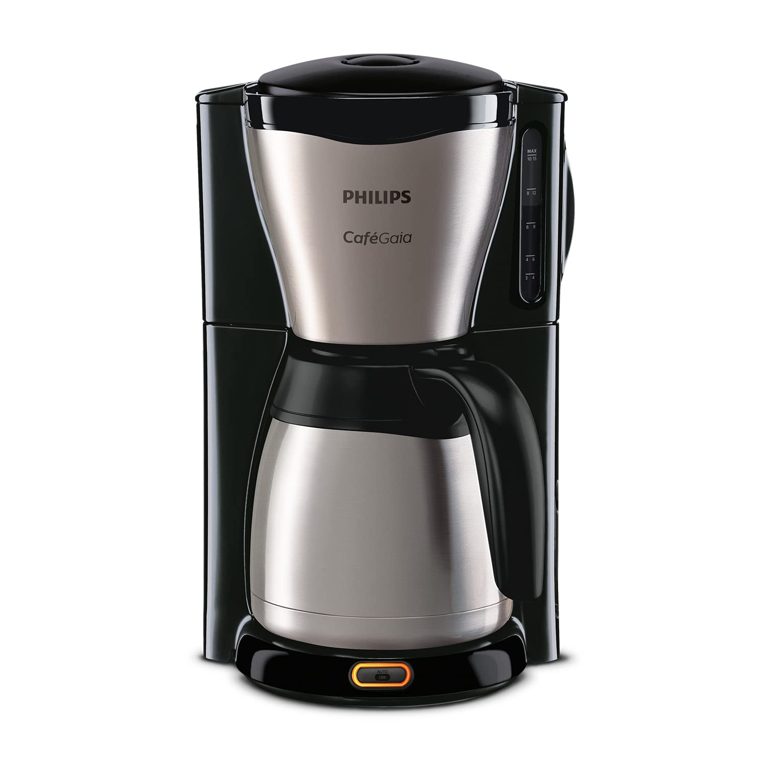 Philips Café Gaia Filter Coffee Machine - Stainless Steel Thermos, Drip Stop, Intense Aroma, Auto Shut-Off, 1,300 ml, Black (HD7546/20)