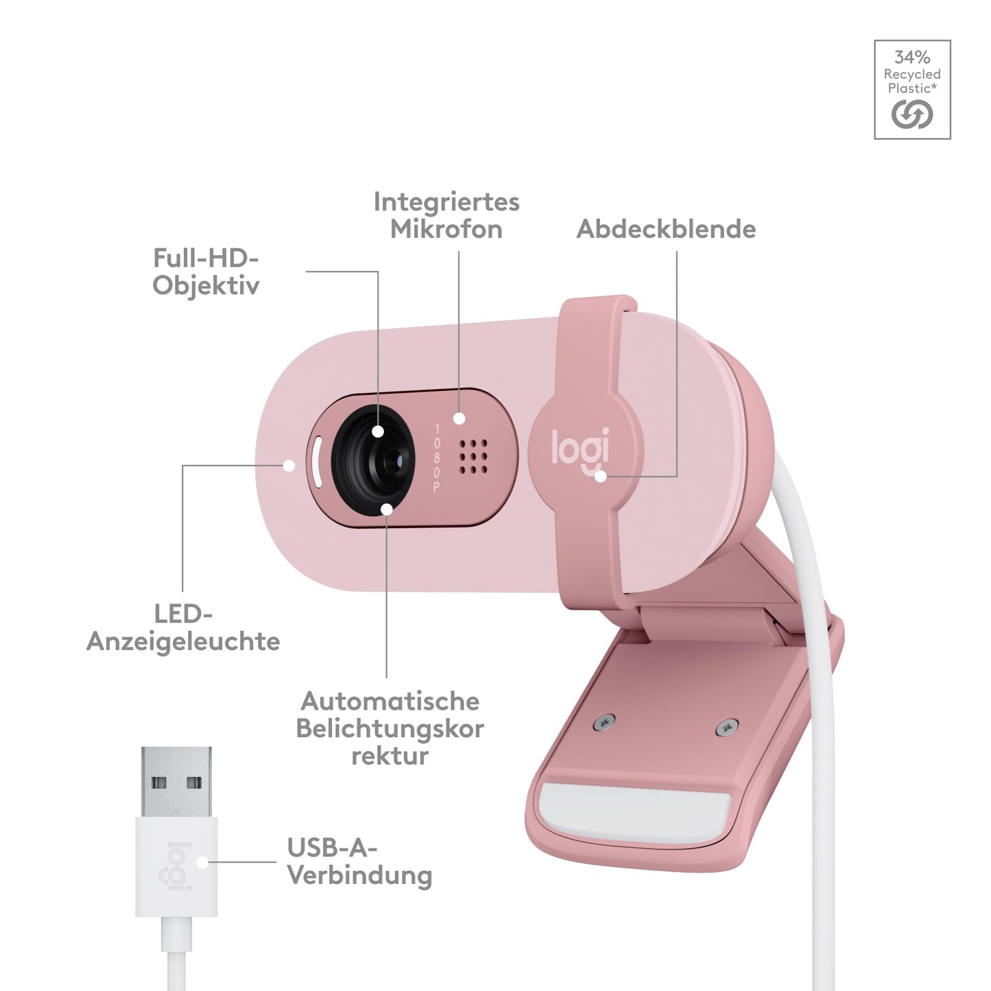 Logitech Brio 100 Full HD Webcam for Meetings and Streaming, Auto Light Balancing, Built-in Microphone, Cover Panel, USB-A, for Microsoft Teams, Google Meet, Zoom and More - Pink - 960-001623