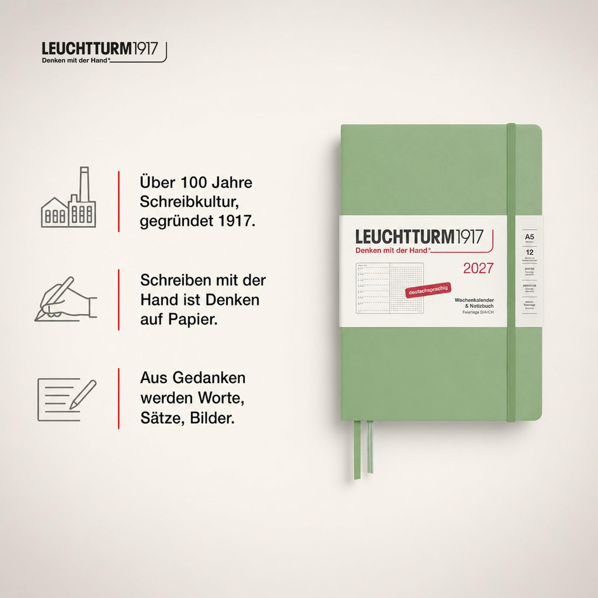 LEUCHTTURM1917 Calendar săptămânal 2027 punctat mediu (A5) cu caiet - Planificator de întâlniri germană, salvie, ianuarie-decembrie 2027, prezentare generală săptămânală în stânga + pagină cu note în dreapta - 400094