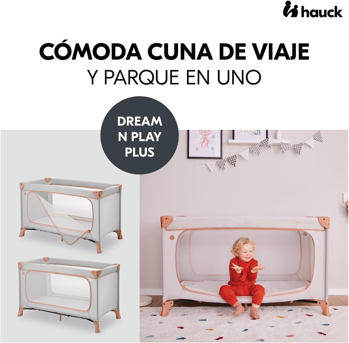 hauck travel cot baby with XL play opening, Dream N Play Plus Dusty Cork - 601006