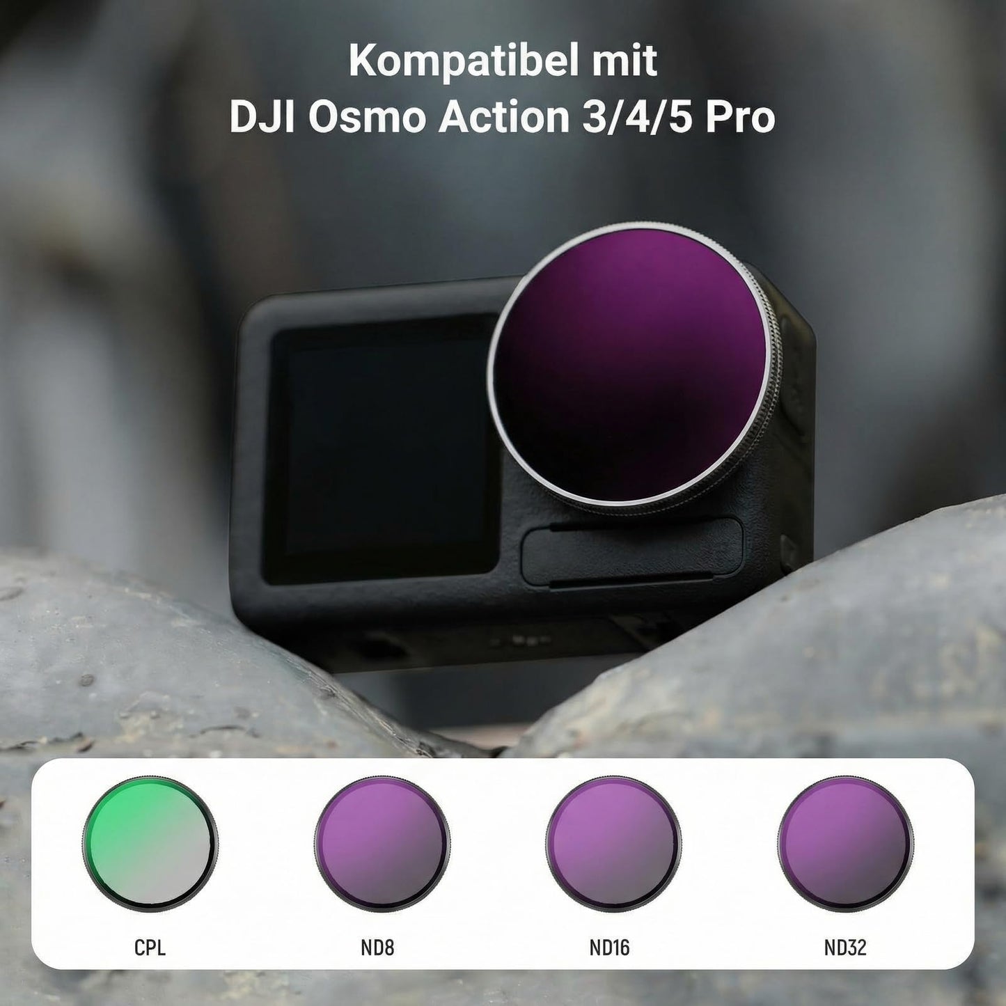NEEWER ND filter set compatible with DJI Osmo Action 5 Pro/4/3 (pack of 4), ND8/16/32 CPL circular polarization filter, polarizing filter, gray filter, snap-on action cam accessory with lens cap, FLA01 - 10107951