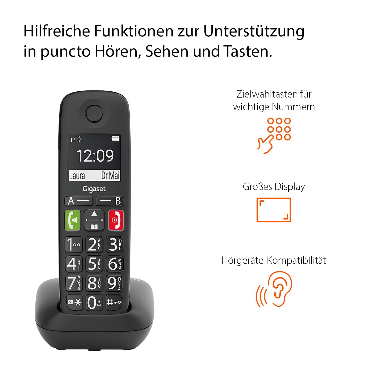 Gigaset E290HX - DECT handset with charging cradle - Fritzbox compatible - cordless senior telephone for router and DECT base - large display and buttons, black [German version] [Without base]