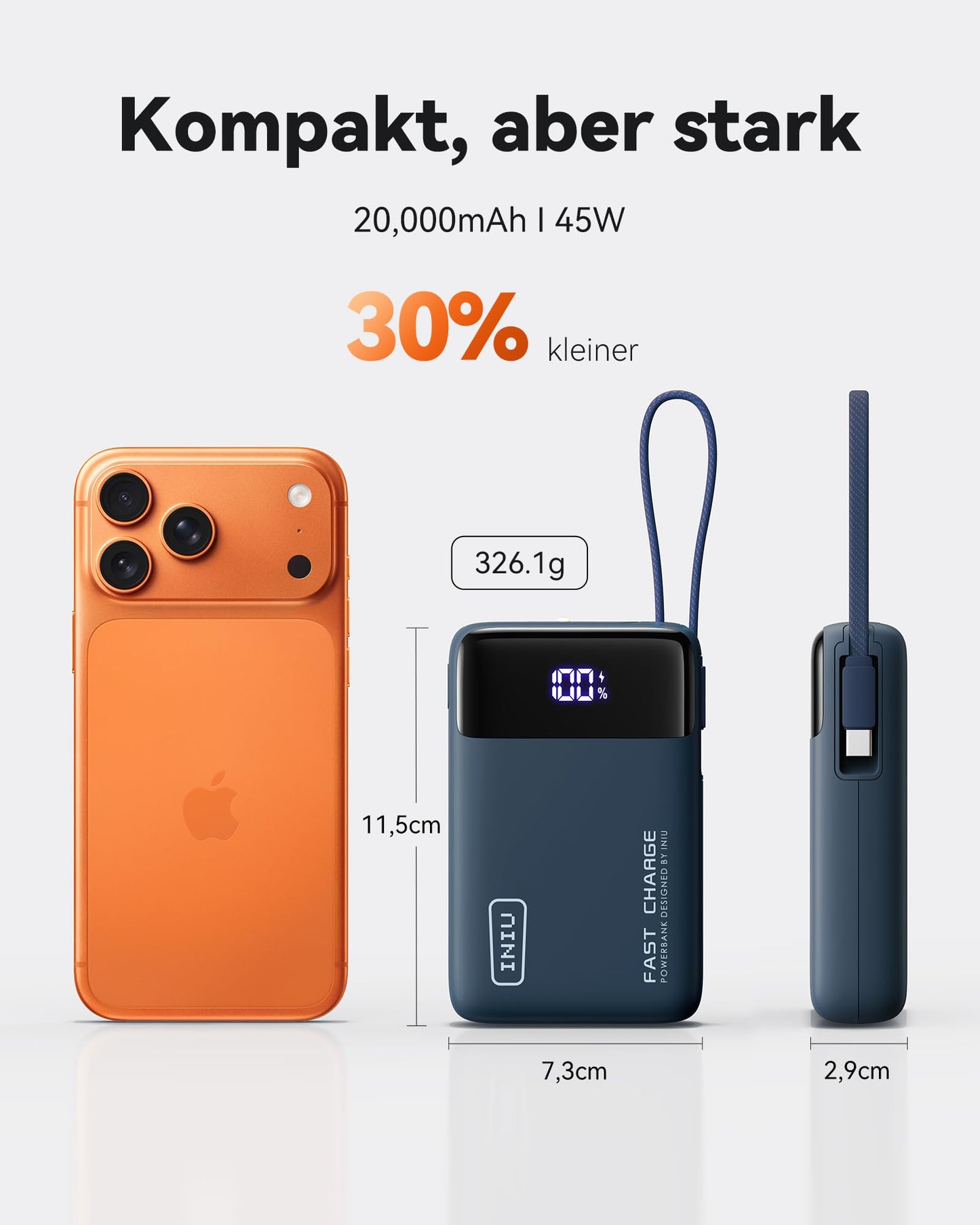 INIU 45W power bank, ultra small 20000mAh power bank with integrated USB C cable, quick charging external mobile phone batteries, suitable for flight, travel essential for air travel, hand luggage, long flights, blue - P51L