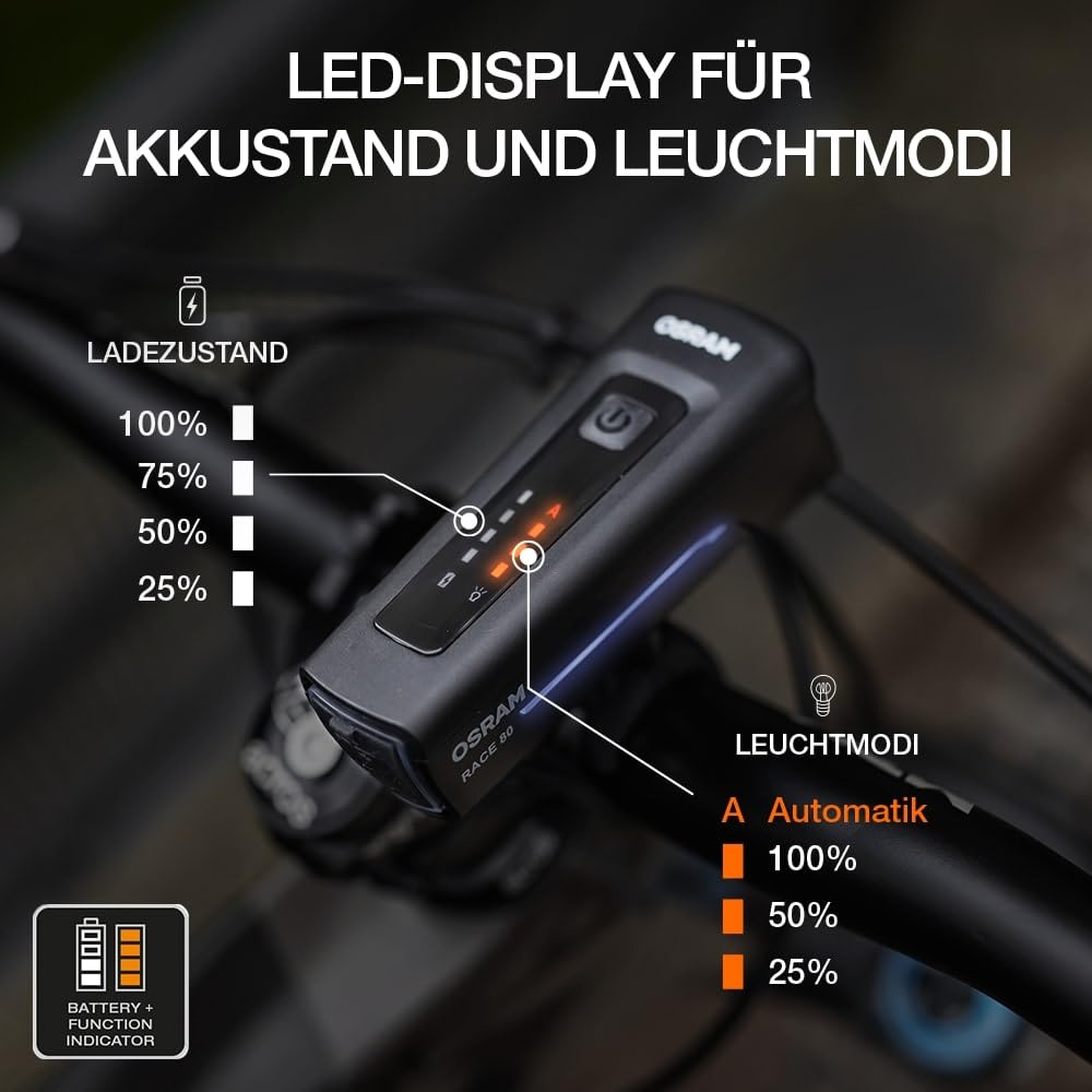 OSRAM LEDsBIKE Race 80 Set, rechargeable bicycle light set, StVZO-approved front and rear LED light set, multiple lighting modes, THREE brightness levels, 80 lux - LEDBL102
