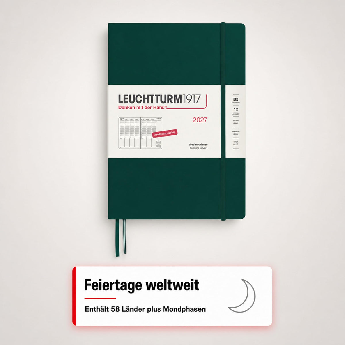 LEUCHTTURM1917 weekly planner 2027 Composition (B5) - German, Forest Green, 254 x 178 mm, January-December (12 months), weekly overview with hourly grid 7:00-22:00 per column, hardcover, 80 g/m² paper - 400144