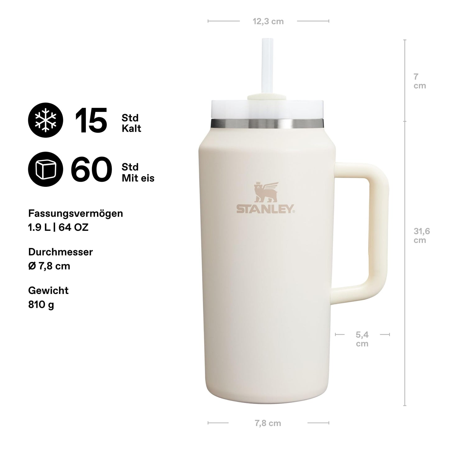 STANLEY 1913 Quencher H2.0 FlowState drinking bottle with straw 1.9L - Thermo mug Cools for 15 hours - 60 hours Ice cold - Dishwasher safe - Thermos bottle BPA free - Drinking cup - Cream - 100000112460