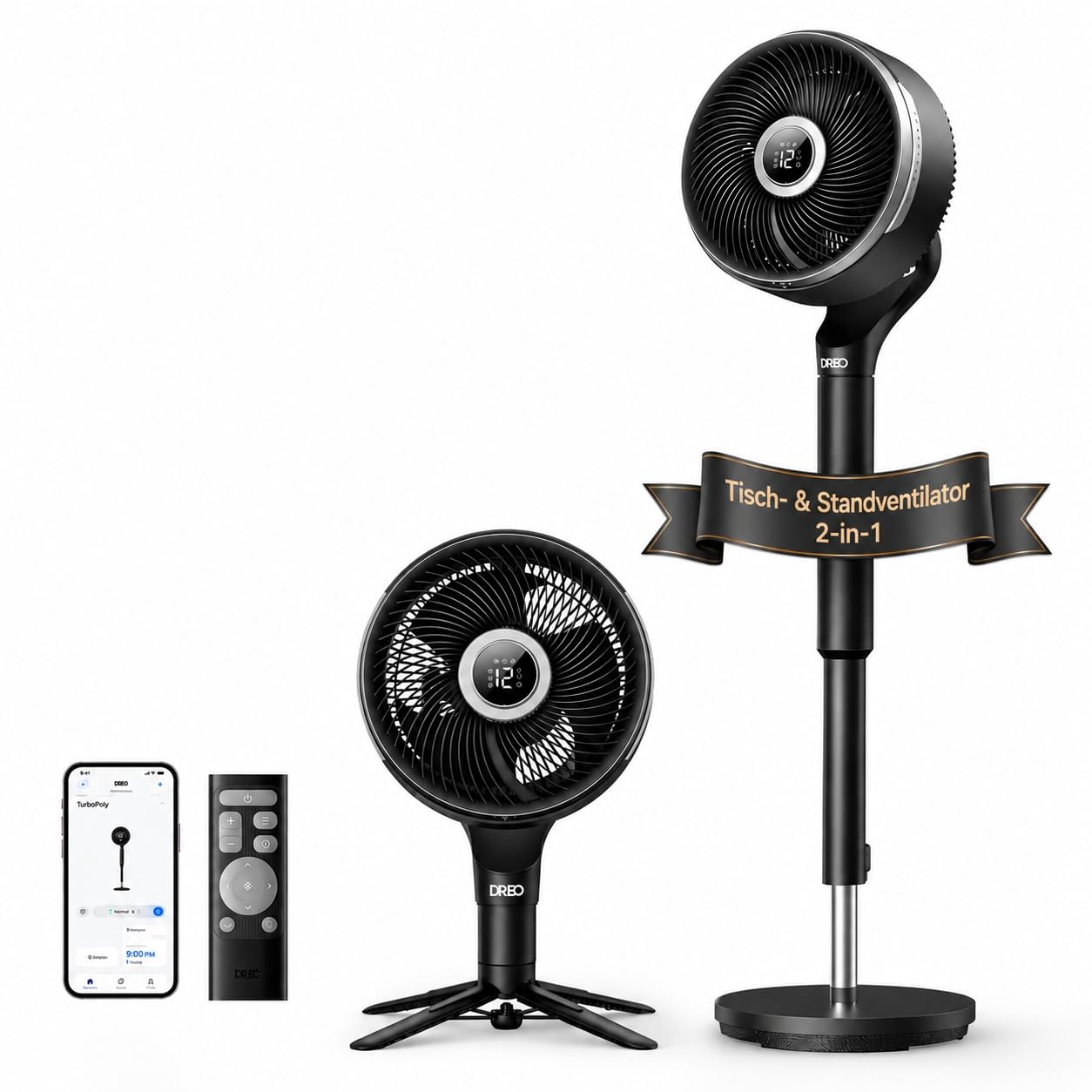 DREO Smart Bedroom Fan, Pedestal Fan, 150°+100° Omnidirectional Oscillation, 36.6m CirculAir Range, Quiet DC Motor, 12 Levels, 6 Modes, 20dB, Remote Control, 12h Timer. - DR-HPF015S