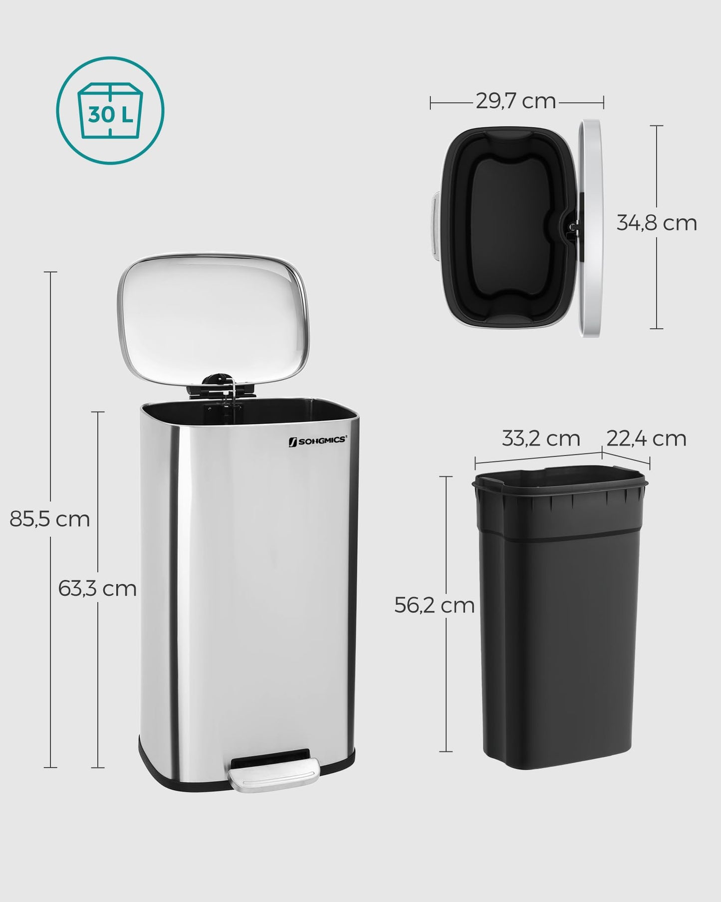 SONGMICS kitchen rubbish bin, 30 liters, waste bin, pedal bin, with lid, soft close, foot pedal, steel, inner bin, silver LTB03NL