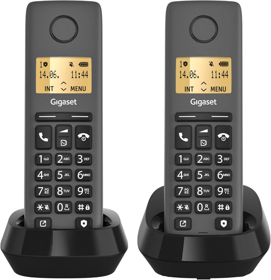 Gigaset Pure 120 Duo - 2 cordless telephones with call protection and ECO DECT - illuminated display - hearing aid compatible, anthracite black [Compatible in DE, IT, FR, NL, BE, Che, AUT] - L36852-H3105-R143