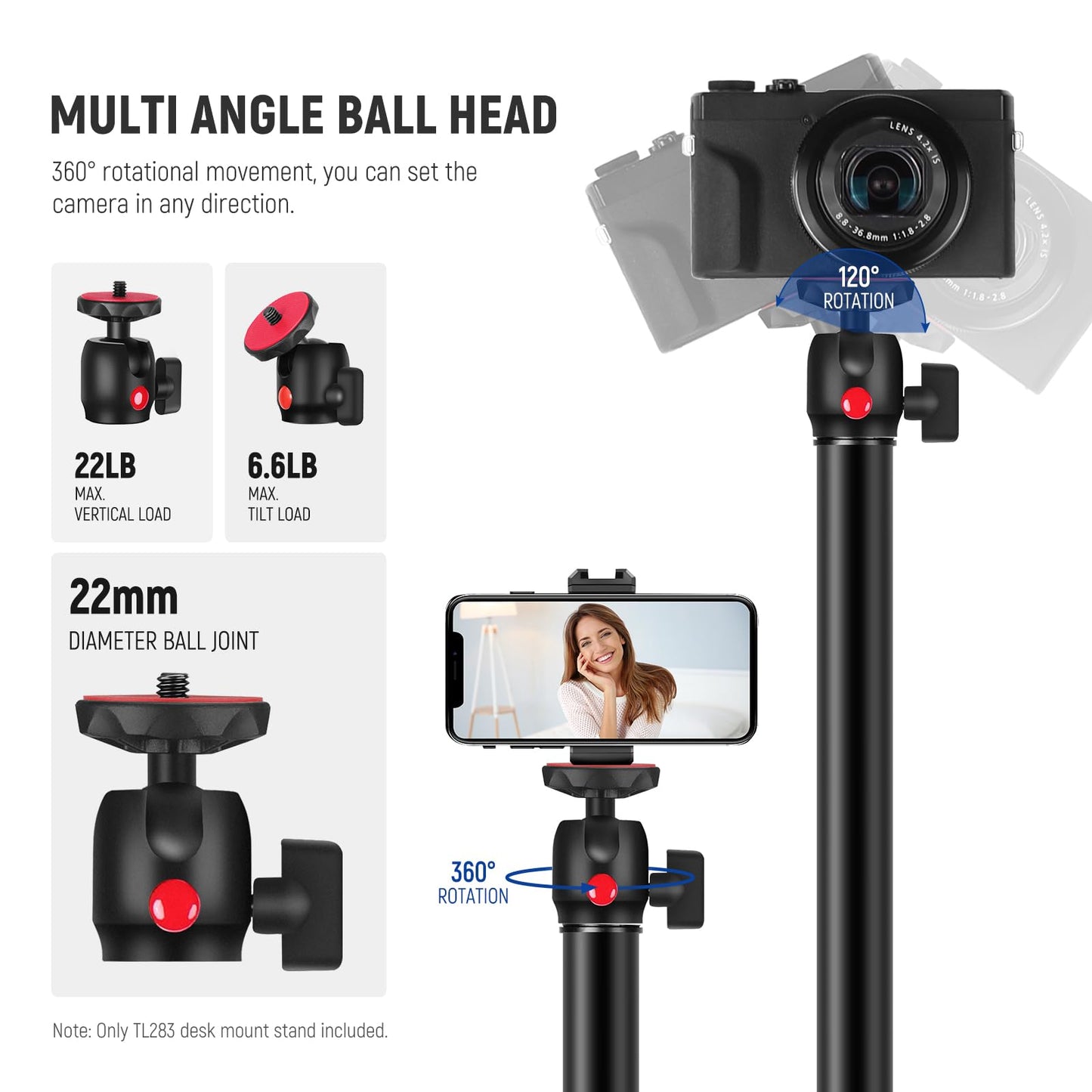 NEEWER camera table tripod light stand with phone holder and 360° ball head, 43-102cm telescope C clamp 1/4" screw, max. load 3kg, table camera holder for DSLR webcam ring light, TL283 - 10103934