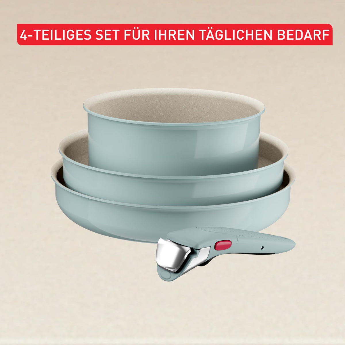 Set de vase de gătit Tefal Ingenio Serenity, 4 piese, cu înveliș antiaderent Mineralia, economisind spațiu, stivuibil, potrivit pentru toate tipurile de plite, lavabil în mașina de spălat vase, Eucalyptus, L8284S04 - L829SB04