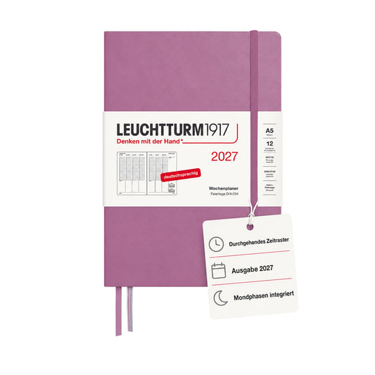 LEUCHTTURM1917 Weekly Planner 2027 Medium (A5) - German, Dusty Rose, 210 x 145 mm, January-December (12 months), weekly overview with hourly grid 7:00 a.m. - 10:00 p.m. per column, hardcover, 80 g/m² paper - 400146