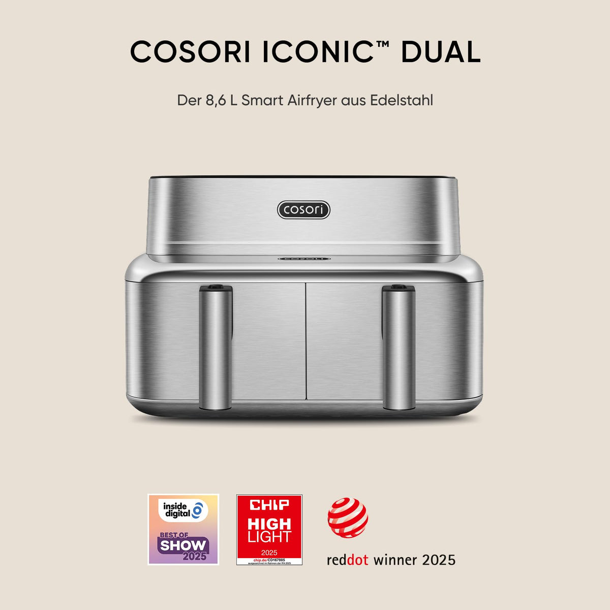 Cosori Airfryer, Iconic Dual, 96% Metal, with nearly plastic-free design - CAF-SE901S-CEU