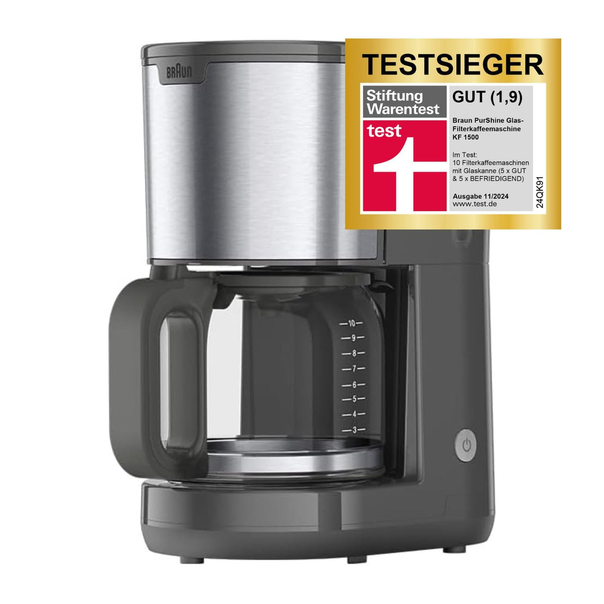Mașină de cafea Braun PurShine KF1500GY, mașină de cafea cu filtru, cu carafă din sticlă și sistem OptiBrew, funcție anti-picurare, oprire automată de siguranță, capacitate de 10 cești, 1000W, gri.