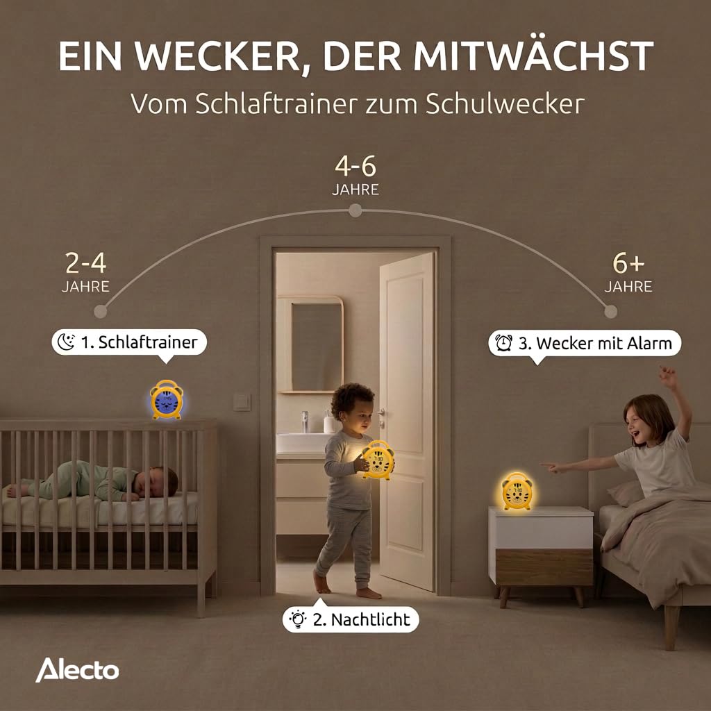 Alecto Monkey Alarm Clock Children - Children's Alarm Clock USB Rechargeable - Children's Alarm Clock with Night Light - Sleep Trainer (Yellow) - BC100TIGER