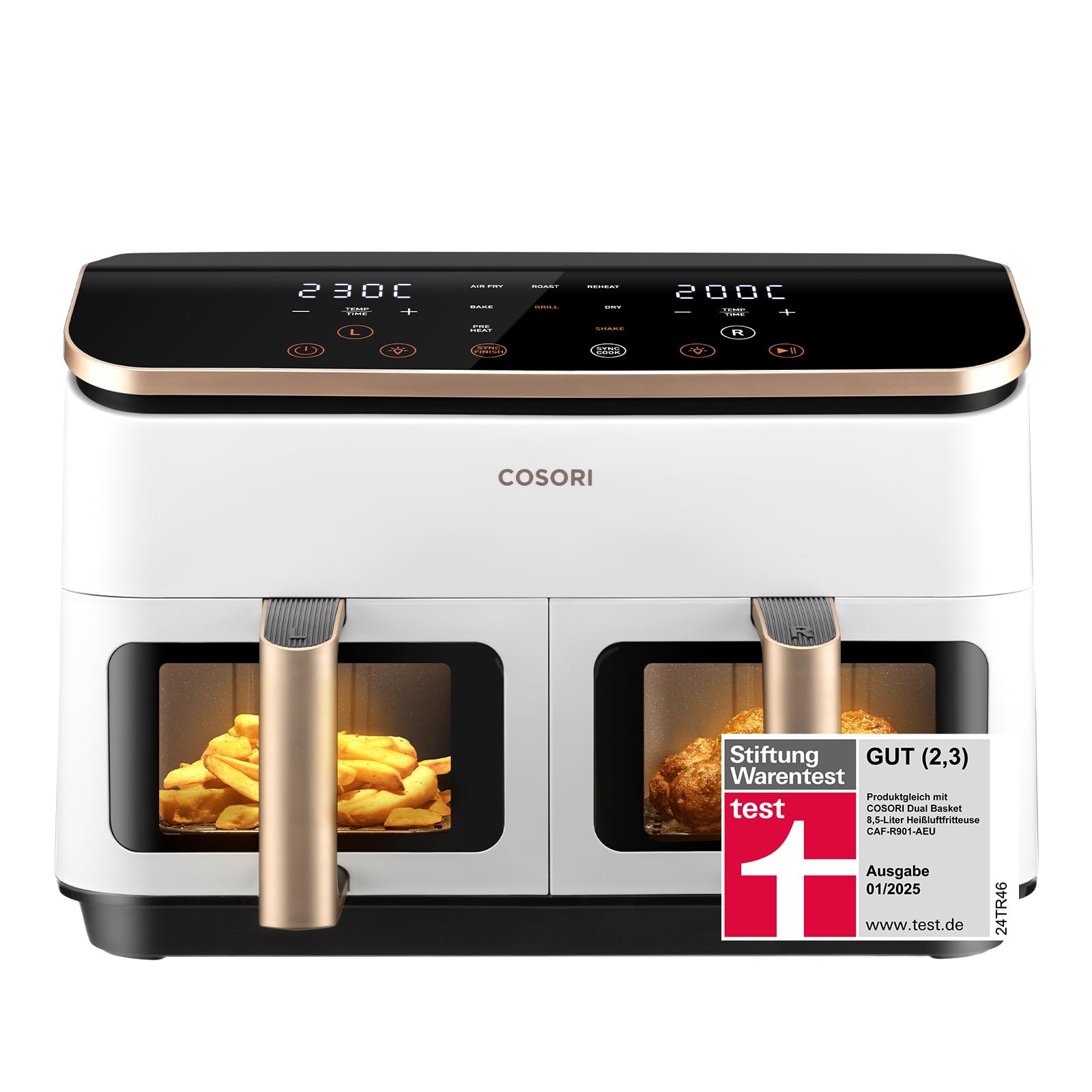 COSORI hot air fryer 2 chambers, test winner from Stiftung Warentest, 8.5 L 6-in-1 air fryer with viewing window, black and white - CAF-R904-AEU