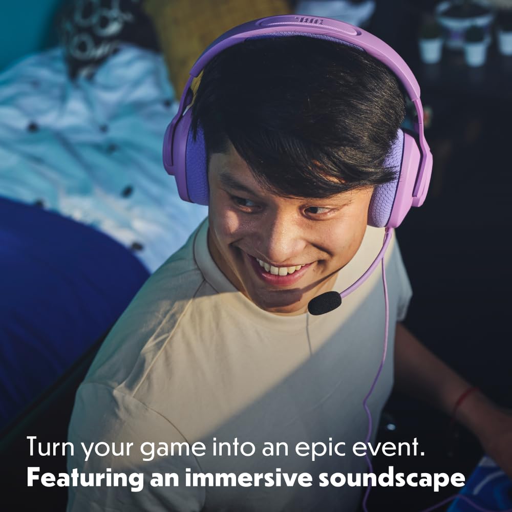 JBL Quantum 100M2 Wired Over-Ear Gaming Headset with JBL QuantumSOUND Signature, 3.5mm Jack, Multi-Platform Compatibility and Detachable Microphone with Mute Option, Purple - JBLQTUM100M2PUR
